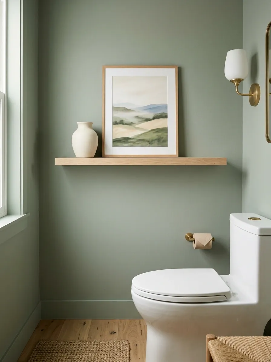Sage Green With Natural Wood And Landscape Art