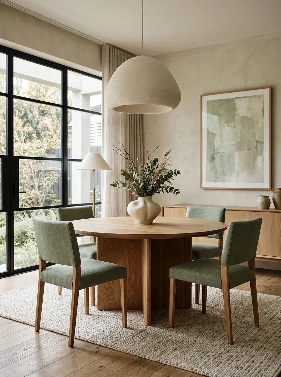 Sage, Limestone, and Oak Dining Room With Soft Architectural Contrast
