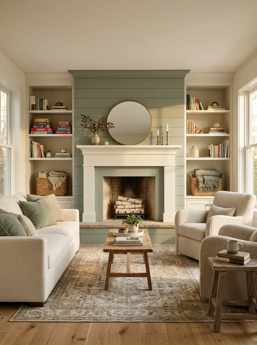 Sage Shiplap Fireplace in a Relaxed Family Room