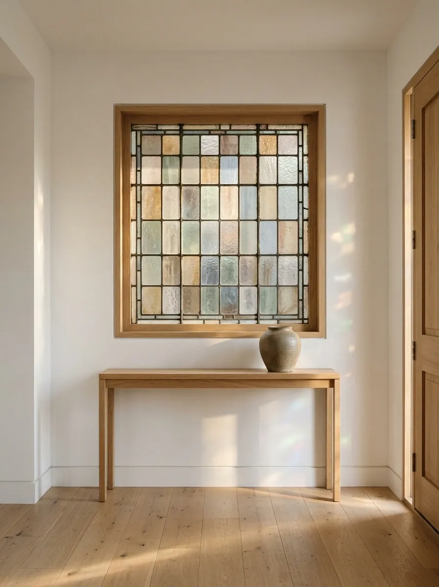 Salvaged Antique Stained Glass in a Renovated Entry