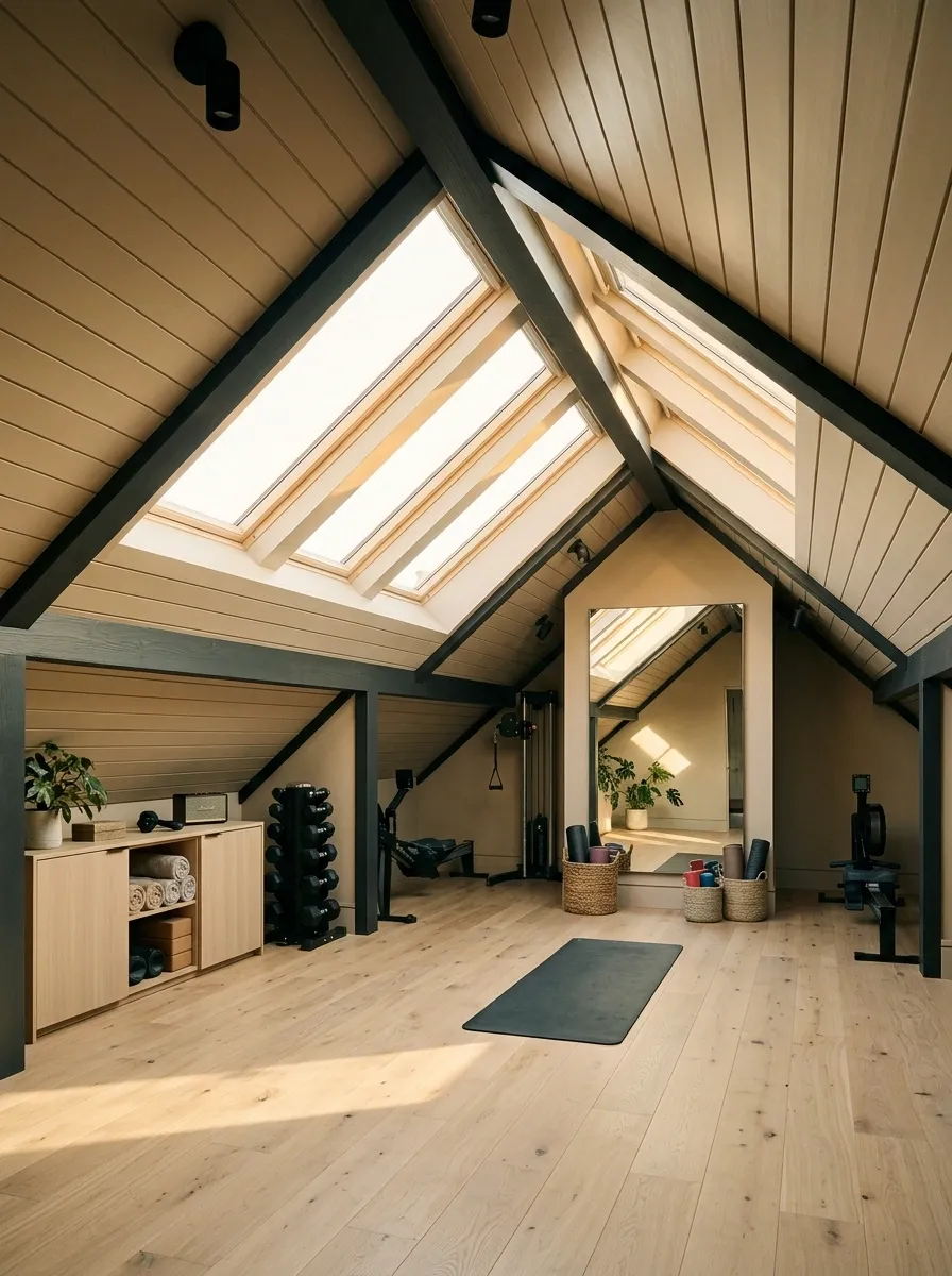 Sand-Toned Attic Gym With Dark Trim