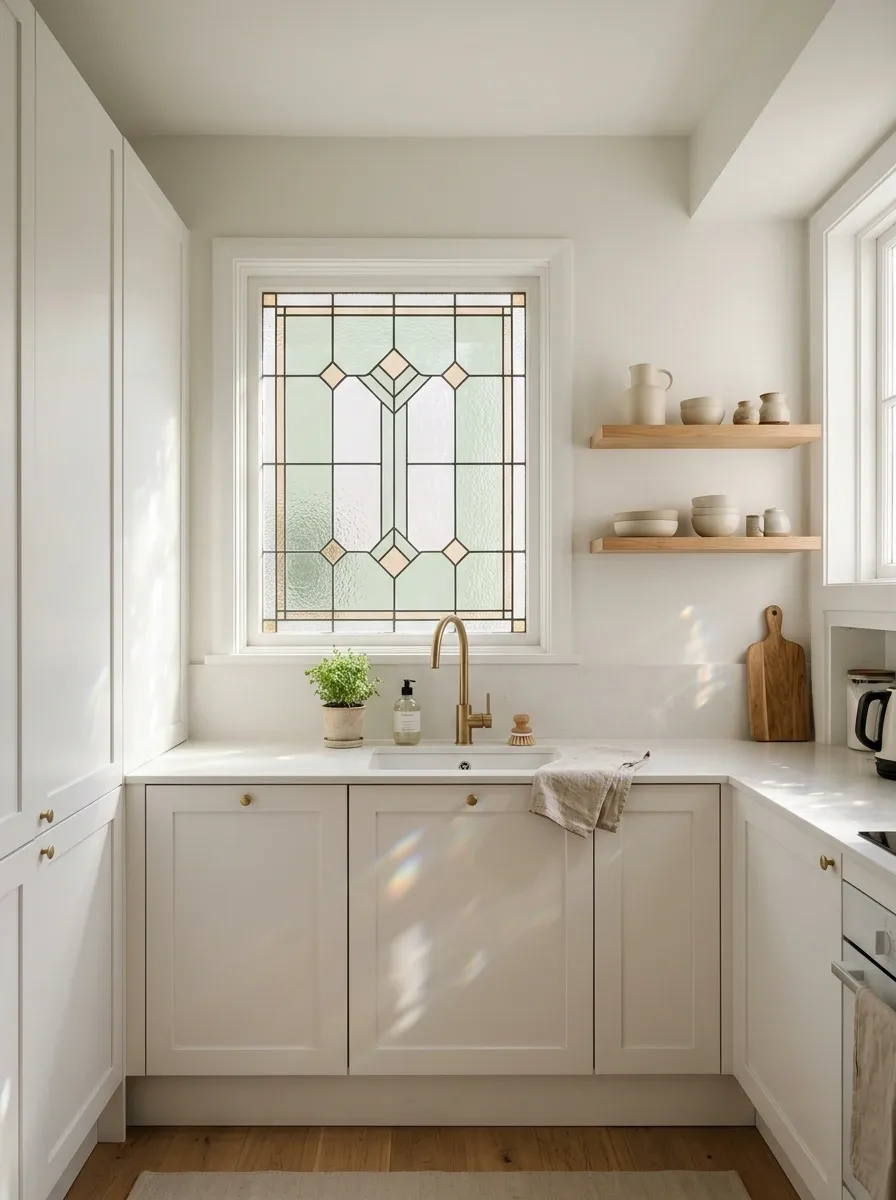 Scandinavian Apartment Kitchen With Quiet Geometric Glass