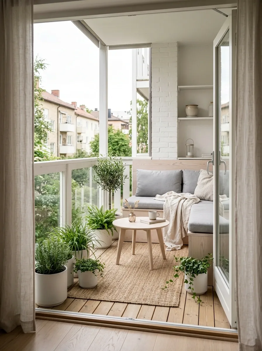 Scandinavian Balcony With Pale Wood and Light Textiles