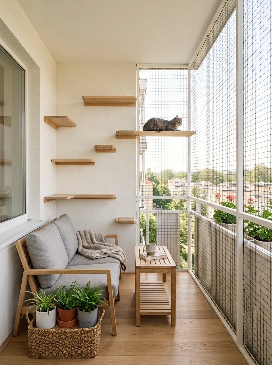 Scandinavian Balcony With Pale Wood and Soft Cat Platforms