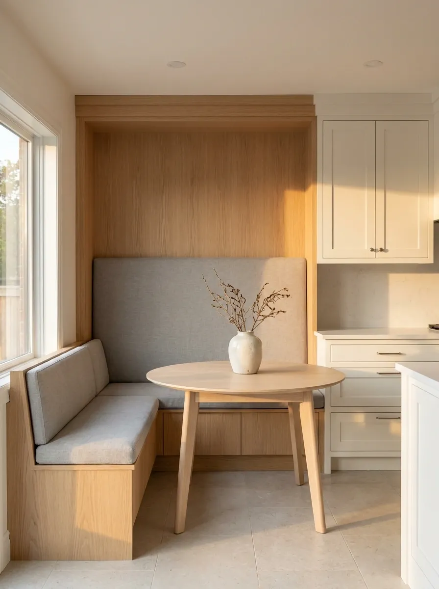 Scandinavian Banquette With Pale Wood and Soft Gray Textiles
