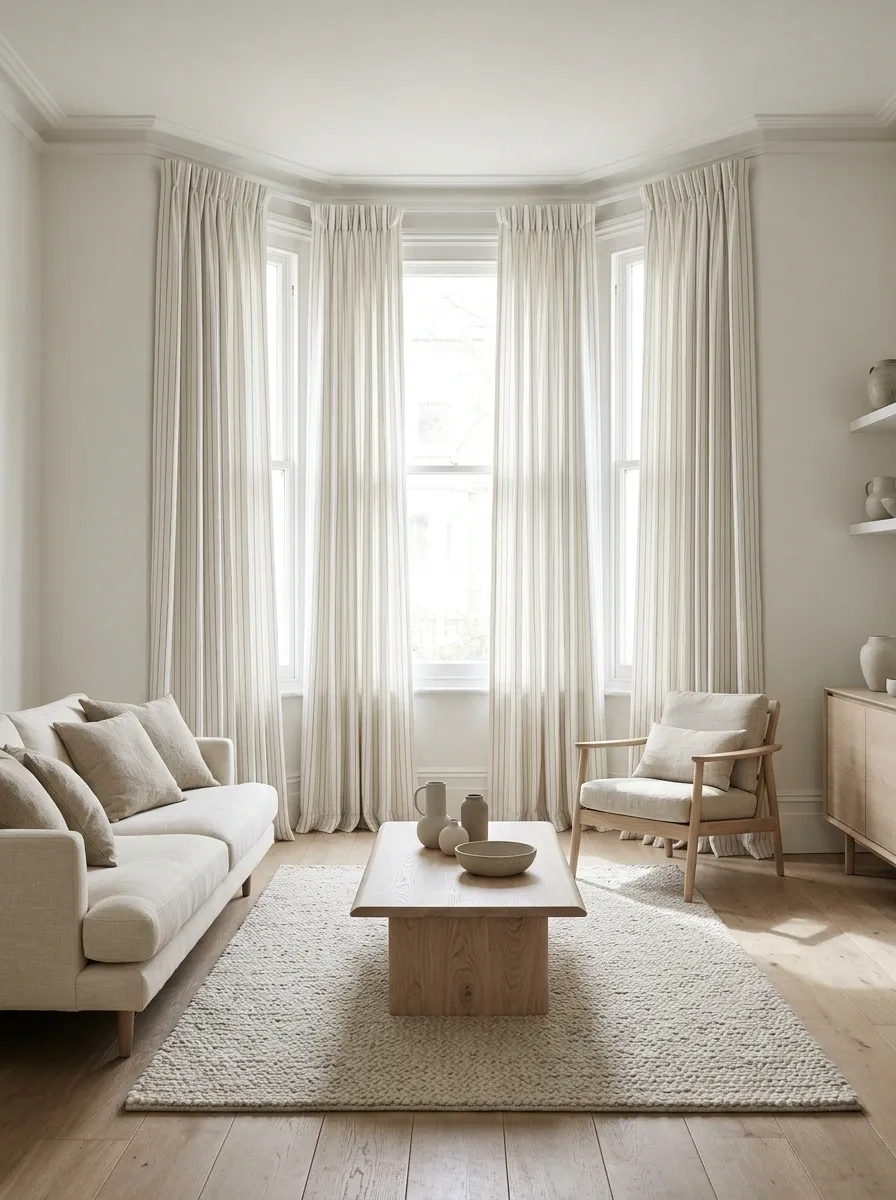 Scandinavian Bay With Fine Pinstripe Curtains