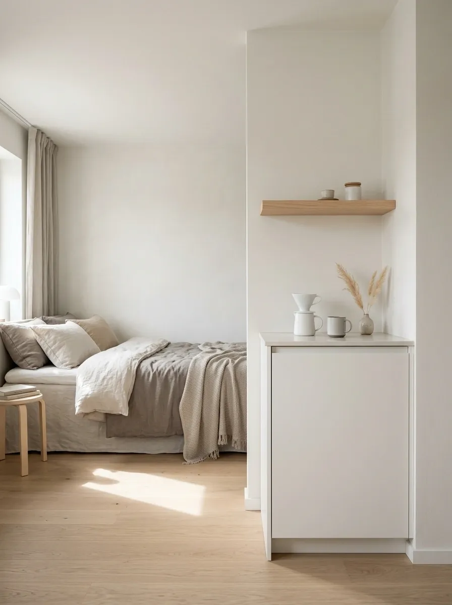 Scandinavian Bedroom With a Compact White Coffee Counter