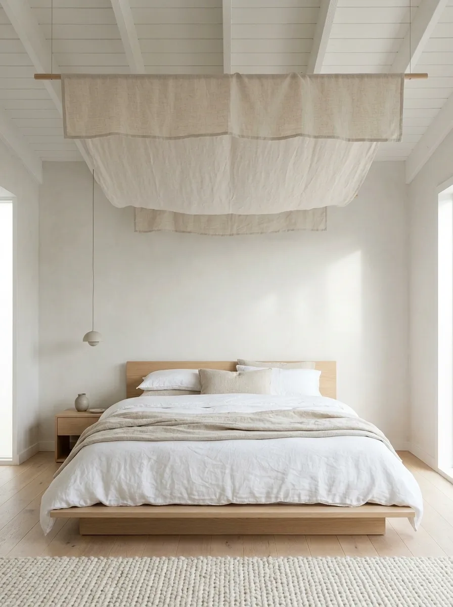 Scandinavian Bedroom With Minimal Ceiling Draping