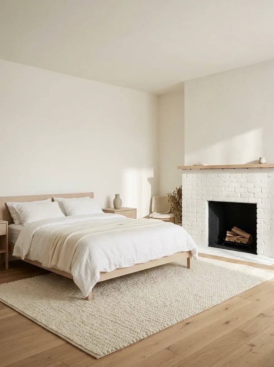 Scandinavian Bedroom With White Brick Fireplace and Pale Oak