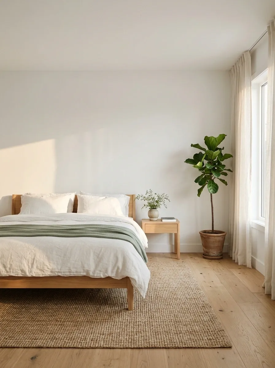 Scandinavian Bedroom With White Walls and Light Green Accents