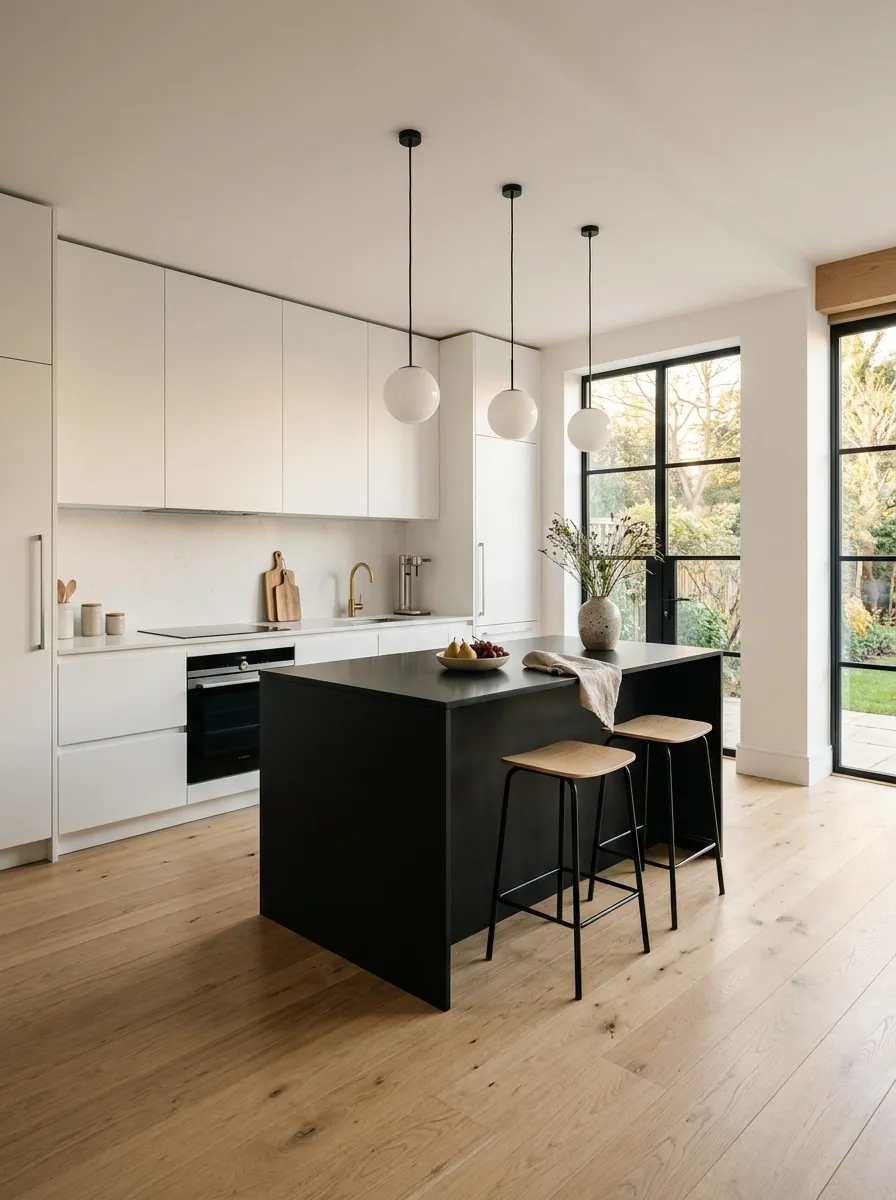 Scandinavian Black and White Kitchen With Pale Oak