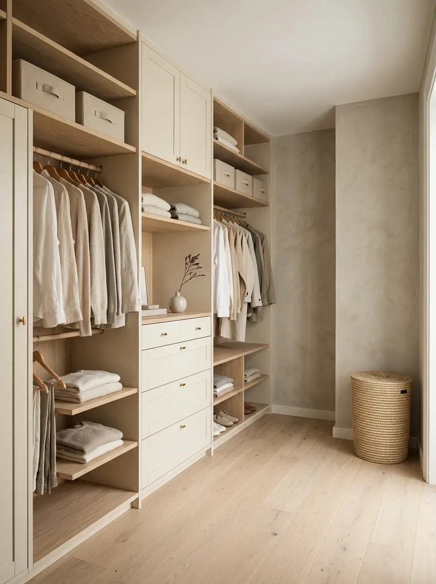 Scandinavian Closet With Pale Oak and Cream