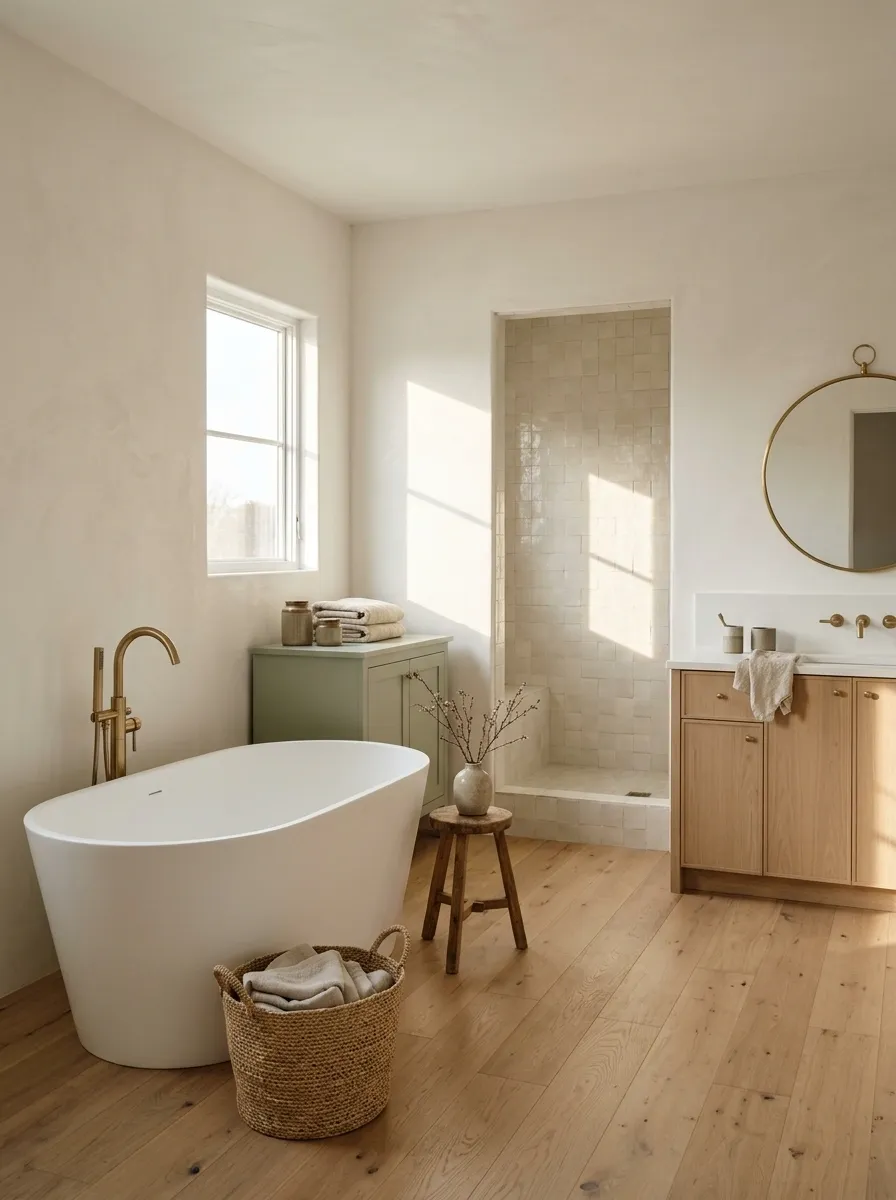 Scandinavian Country Bathroom With Pale Oak and White Plaster