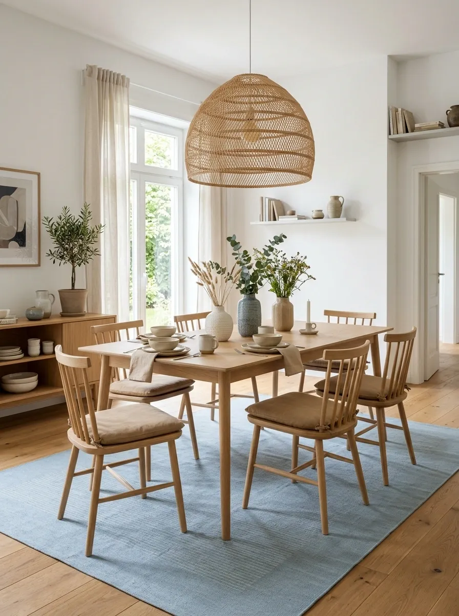 Scandinavian Dining Room With a Pale Blue Flatweave Rug