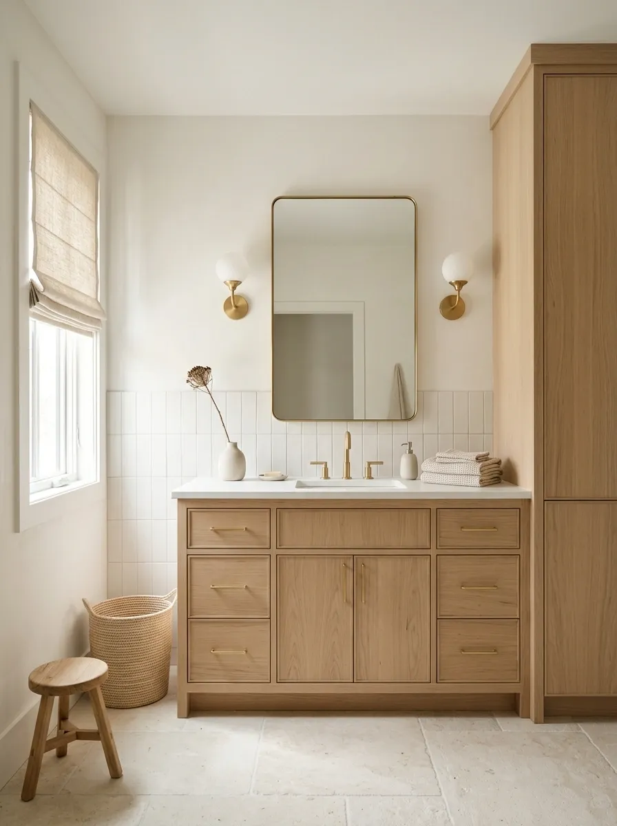 Scandinavian Farmhouse Bathroom With Pale Wood and Linen Softness