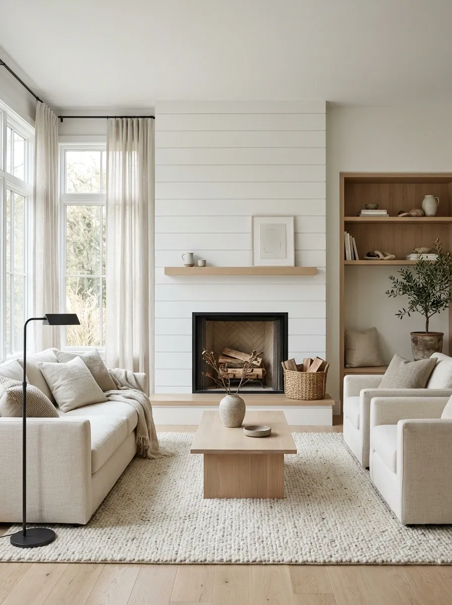 Scandinavian Fireplace With White Shiplap and Pale Oak