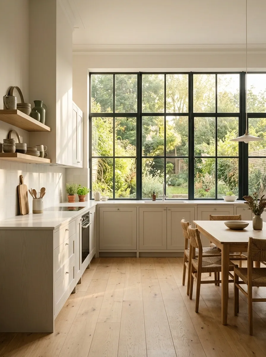 Scandinavian Kitchen With a Bright Multi-Pane Window Wall