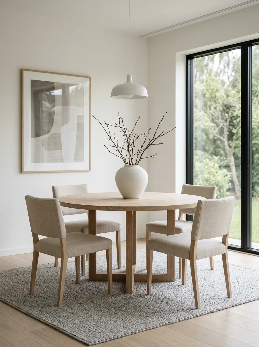 Scandinavian Pale Oak Dining Space With Linen and Soft Gray