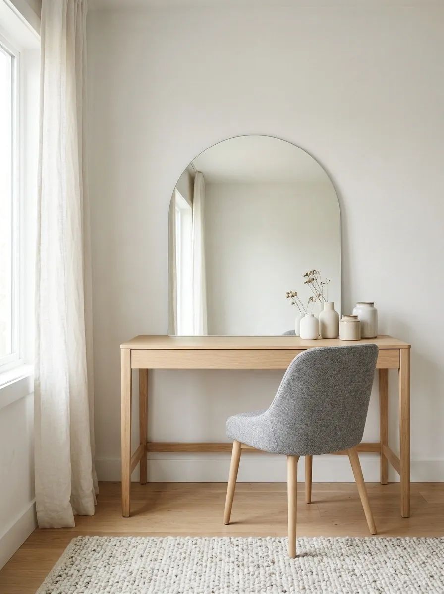 Scandinavian Vanity With Pale Wood and Soft Gray Upholstery