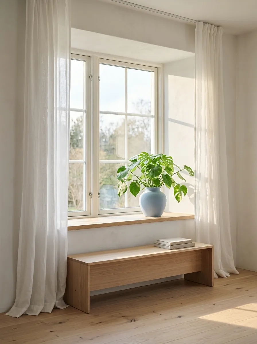 Scandinavian Window With Pale Wood and Soft Blue Accents