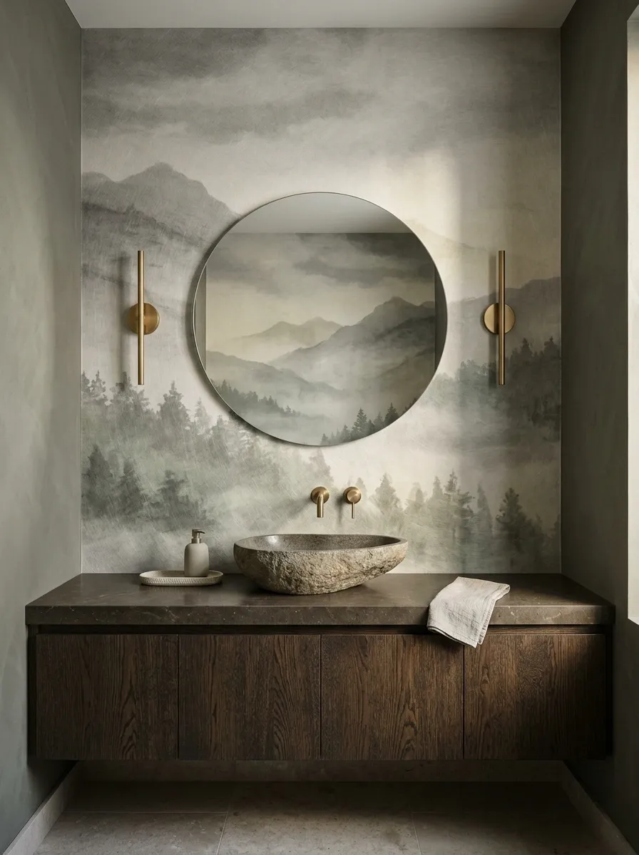 Scenic Landscape Mural With a Sculptural Stone Basin