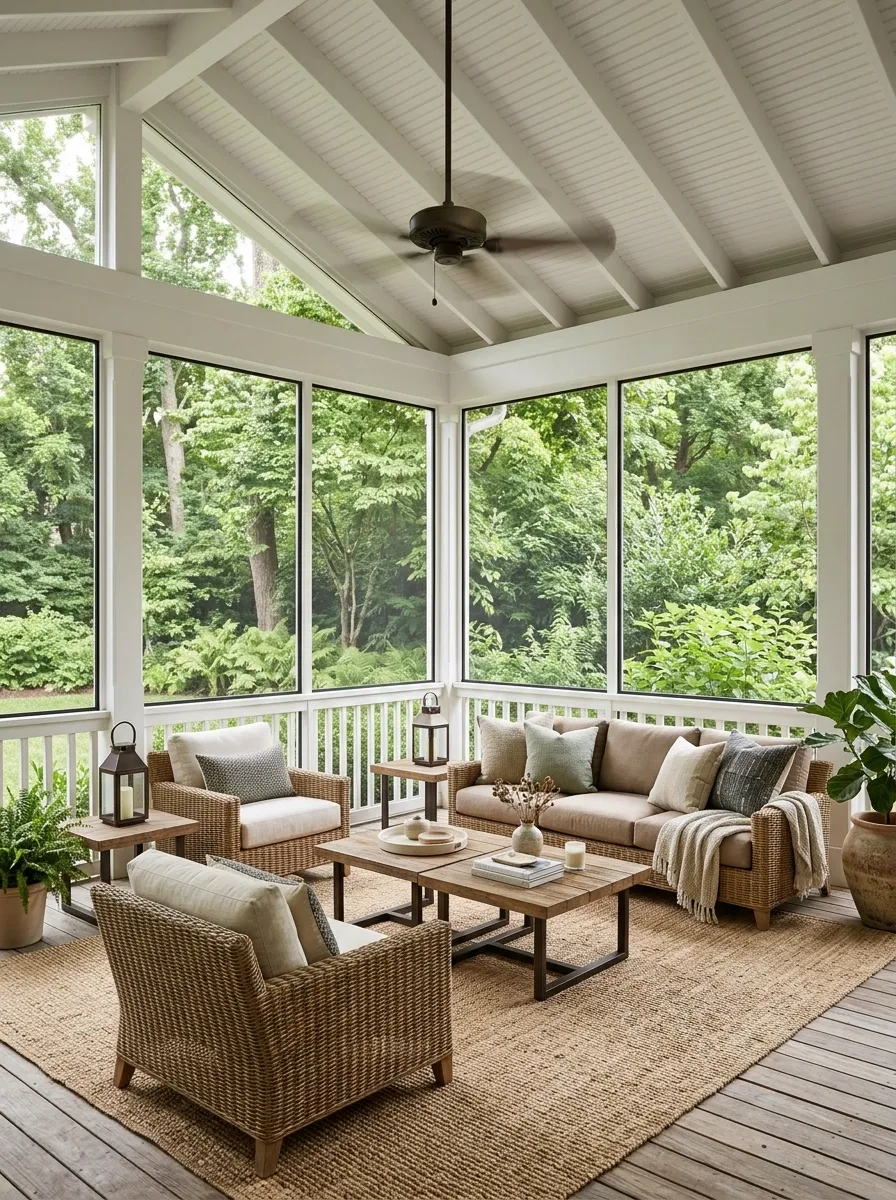 Screened Porch With Woven Lounge Furniture