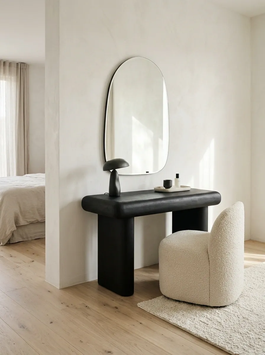 Sculptural Black Vanity With a Curved Mirror