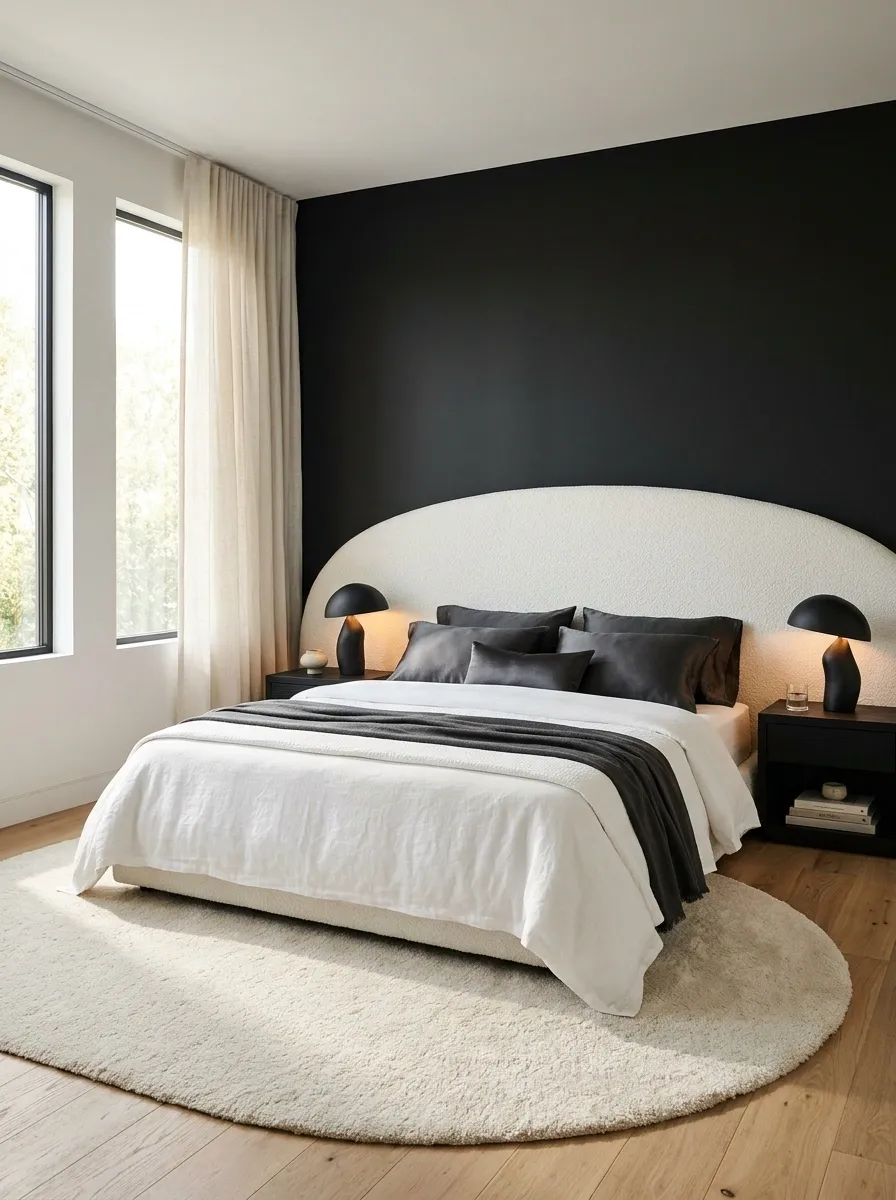 Sculptural Contemporary Bedroom With a Curved White Headboard