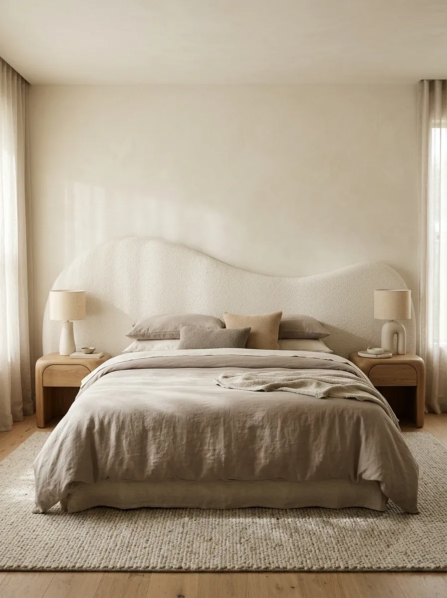 Sculptural Taupe Bedding With a Curved Upholstered Bed