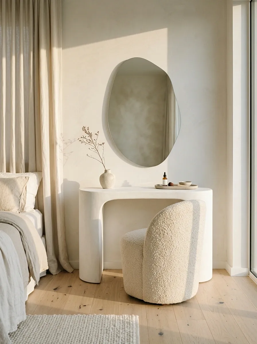 Sculptural White Vanity in a Sunlit Bedroom