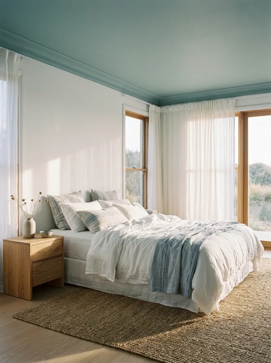 Sea-Glass Blue Ceiling in a Relaxed Coastal Bedroom