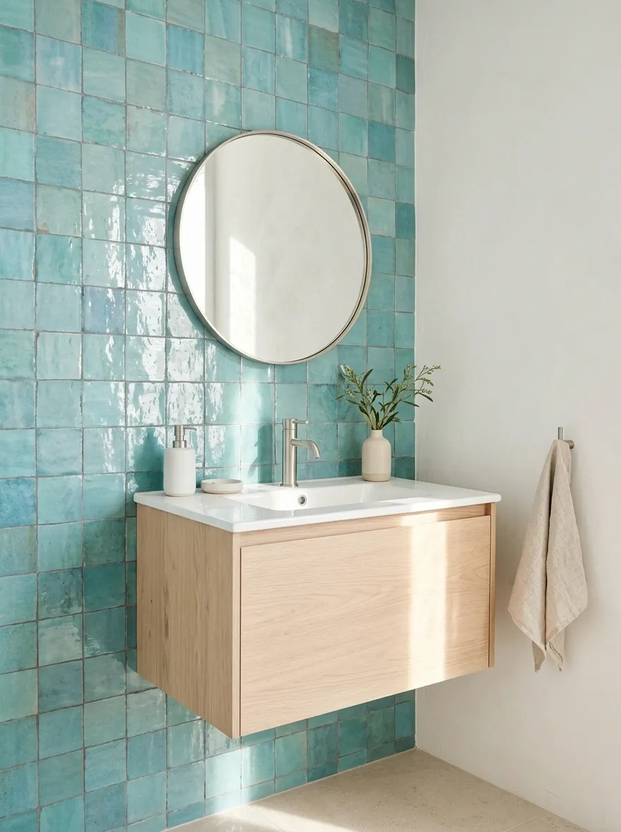 Sea-Glass Zellige Wall With Light Oak and White Ceramics