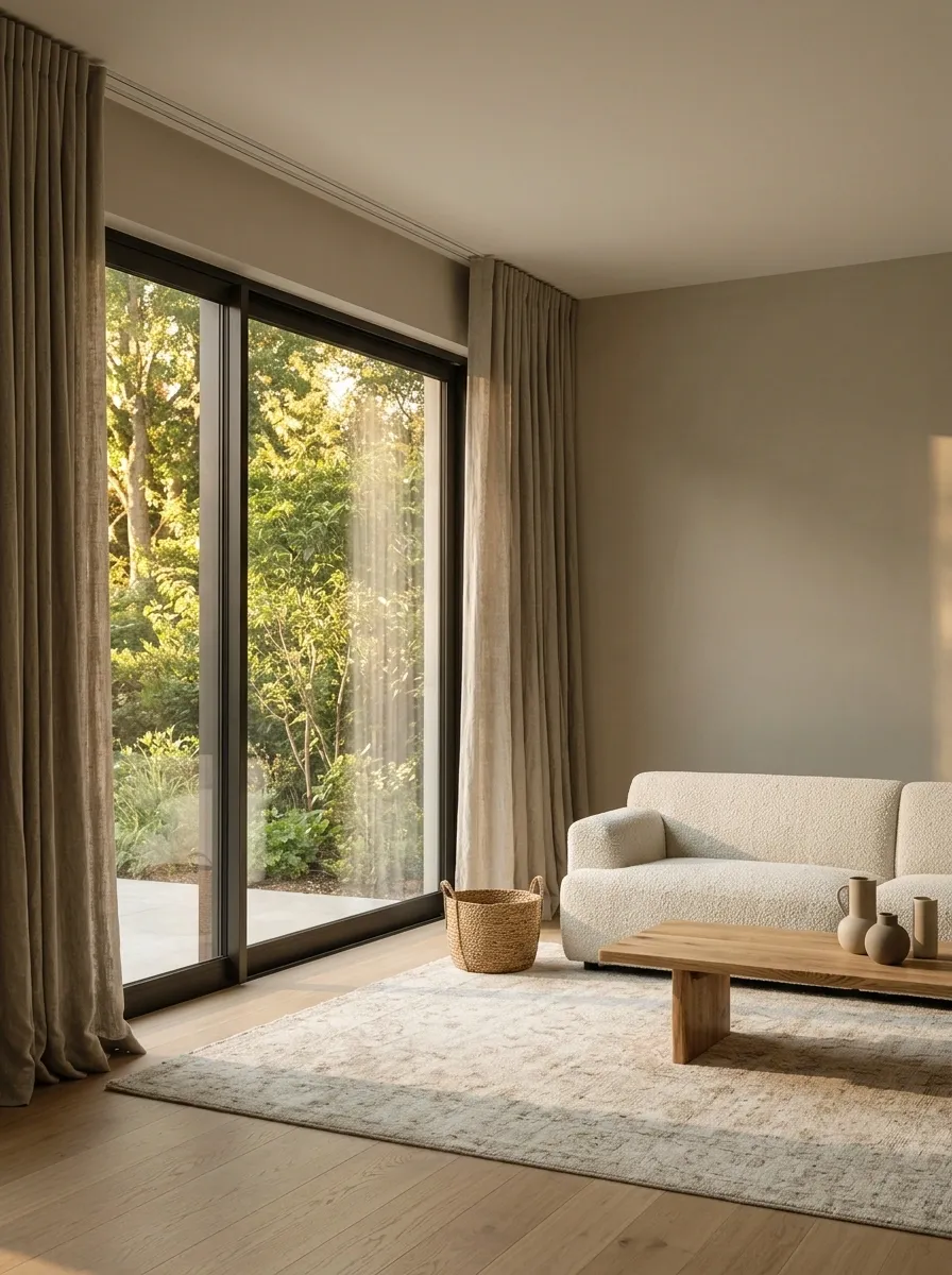 Seamless Wall-Color Curtains in a Minimal Living Room
