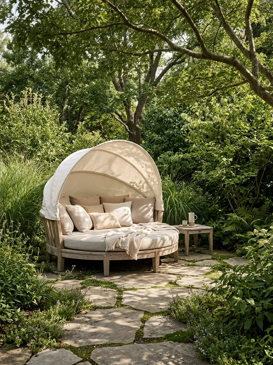 Secluded Garden Retreat With a Round Daybed
