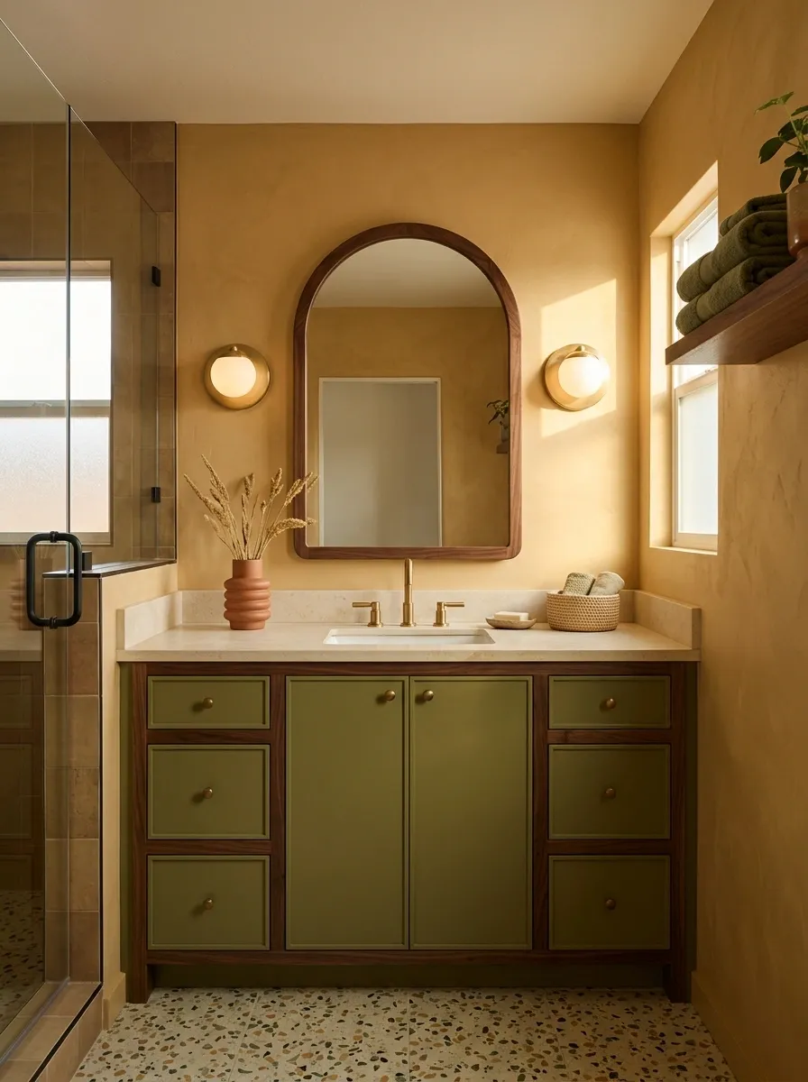 Seventies Desert Bathroom With Ochre Walls and Olive Green