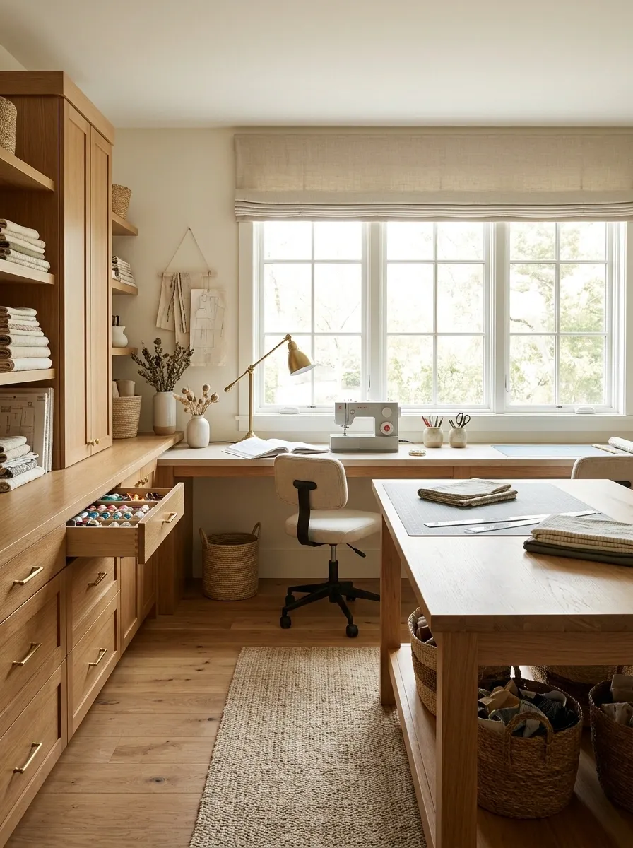 Sewing Studio With a Thread-and-Fabric Storage Worktop