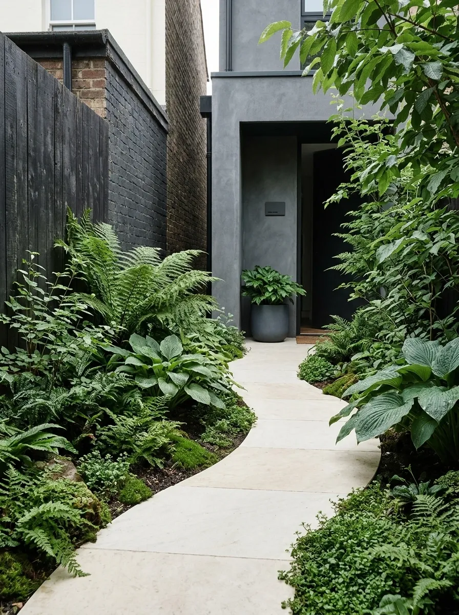Shaded Entrance With Foliage Layers and a Pale Path