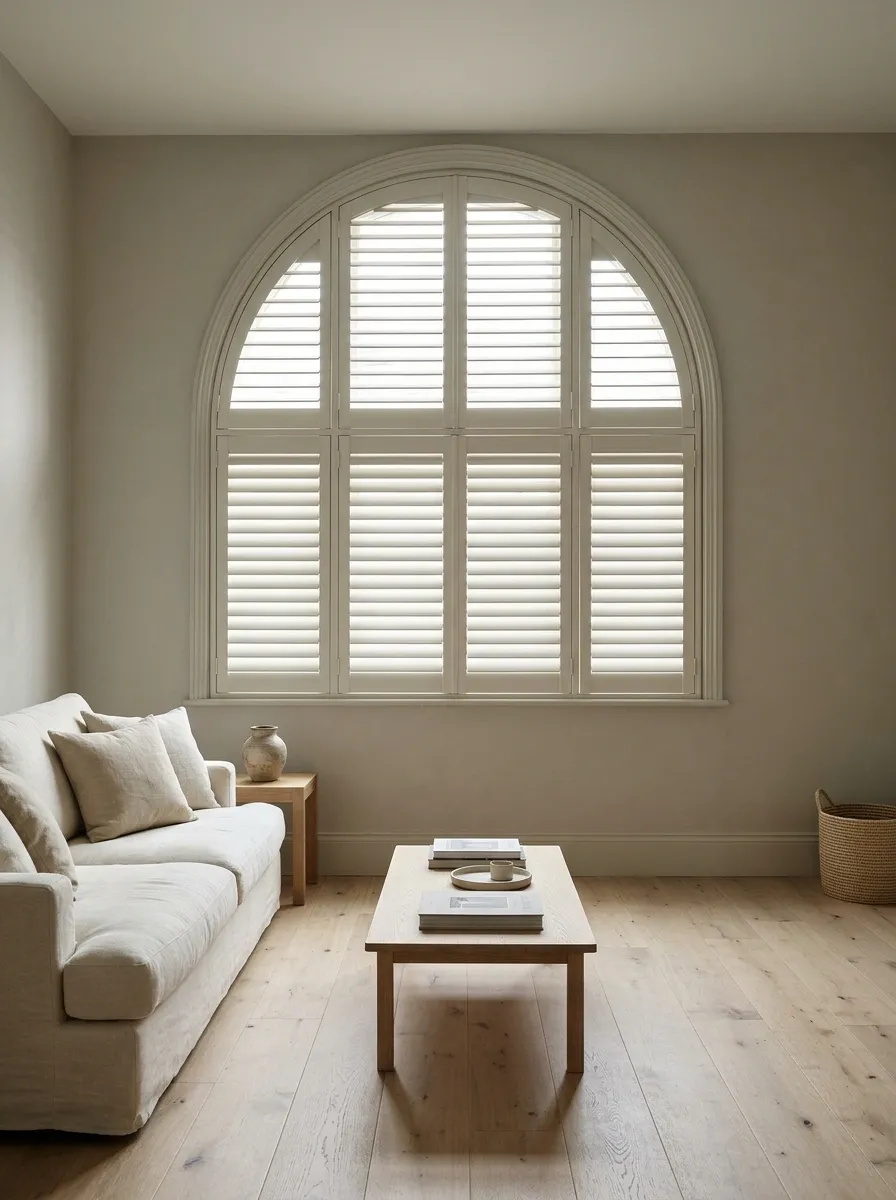 Shaped Shutters in a Street-Facing Living Room
