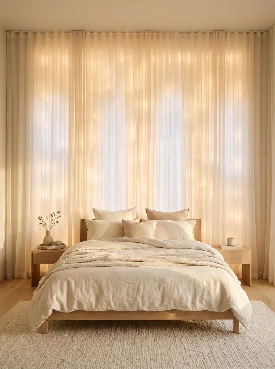 Sheer Curtain Wall Behind the Bed