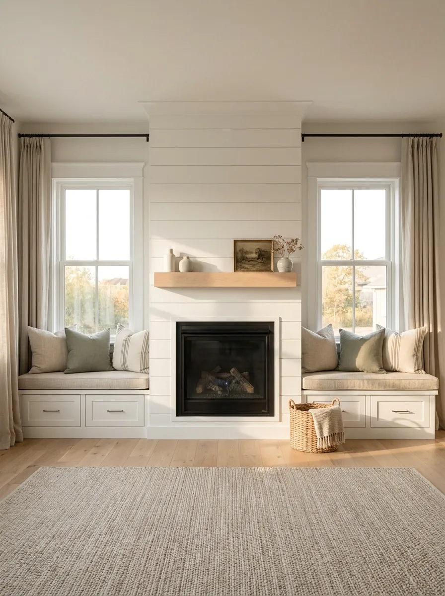 Shiplap Fireplace With a Built-In Window Bench