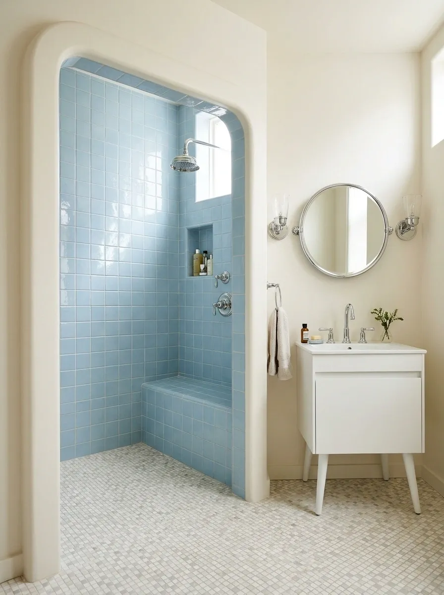 Shower-Only Bathroom With a Framed Opening and Built-In Seat