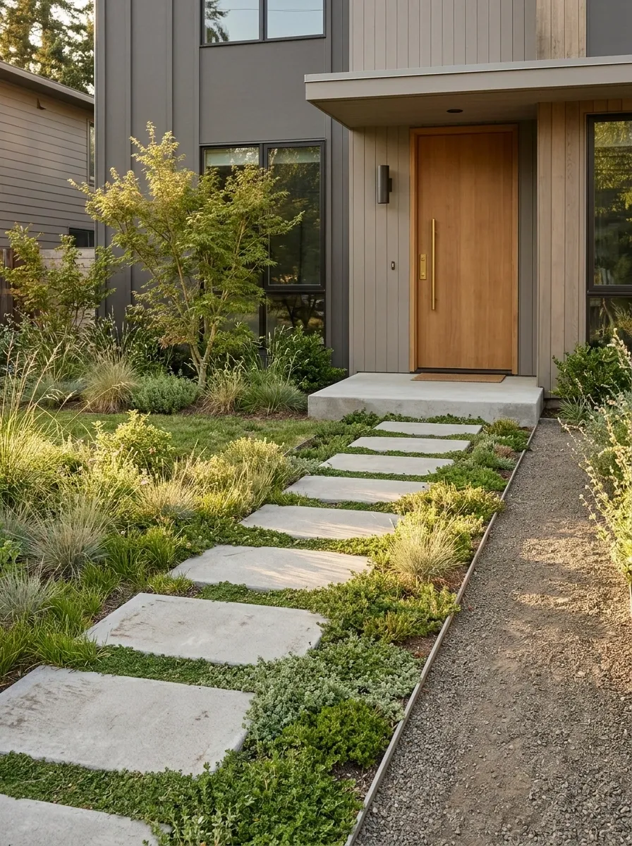 Simple Front Garden With a Stepping Route Through a Planted Field
