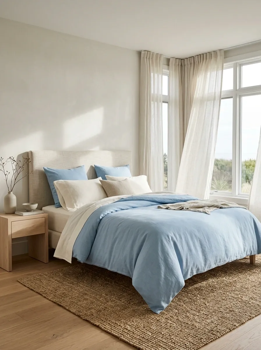 Sky Blue and White Bedding in a Light Coastal Bedroom