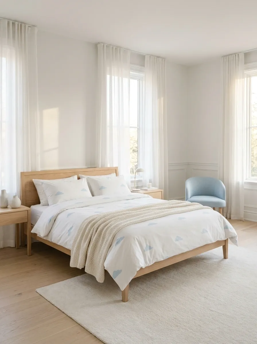 Sky Blue Cloud Bedding in an Airy White Bedroom