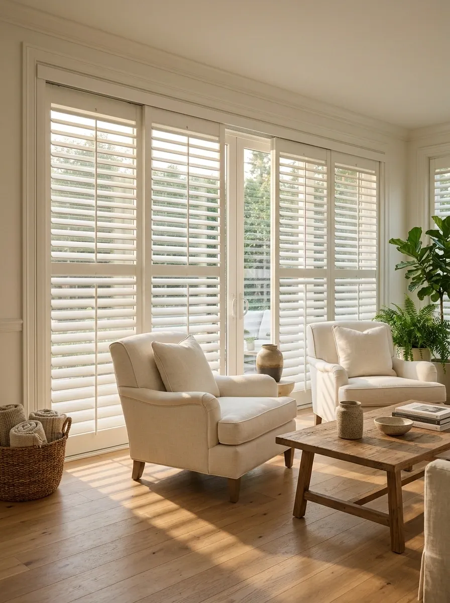 Sliding Plantation Shutters in a Transitional Sunroom