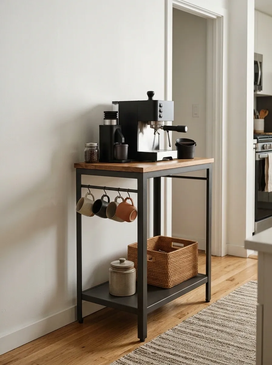 Slim Apartment Coffee Cart With a Side-Hanging Mug Bar