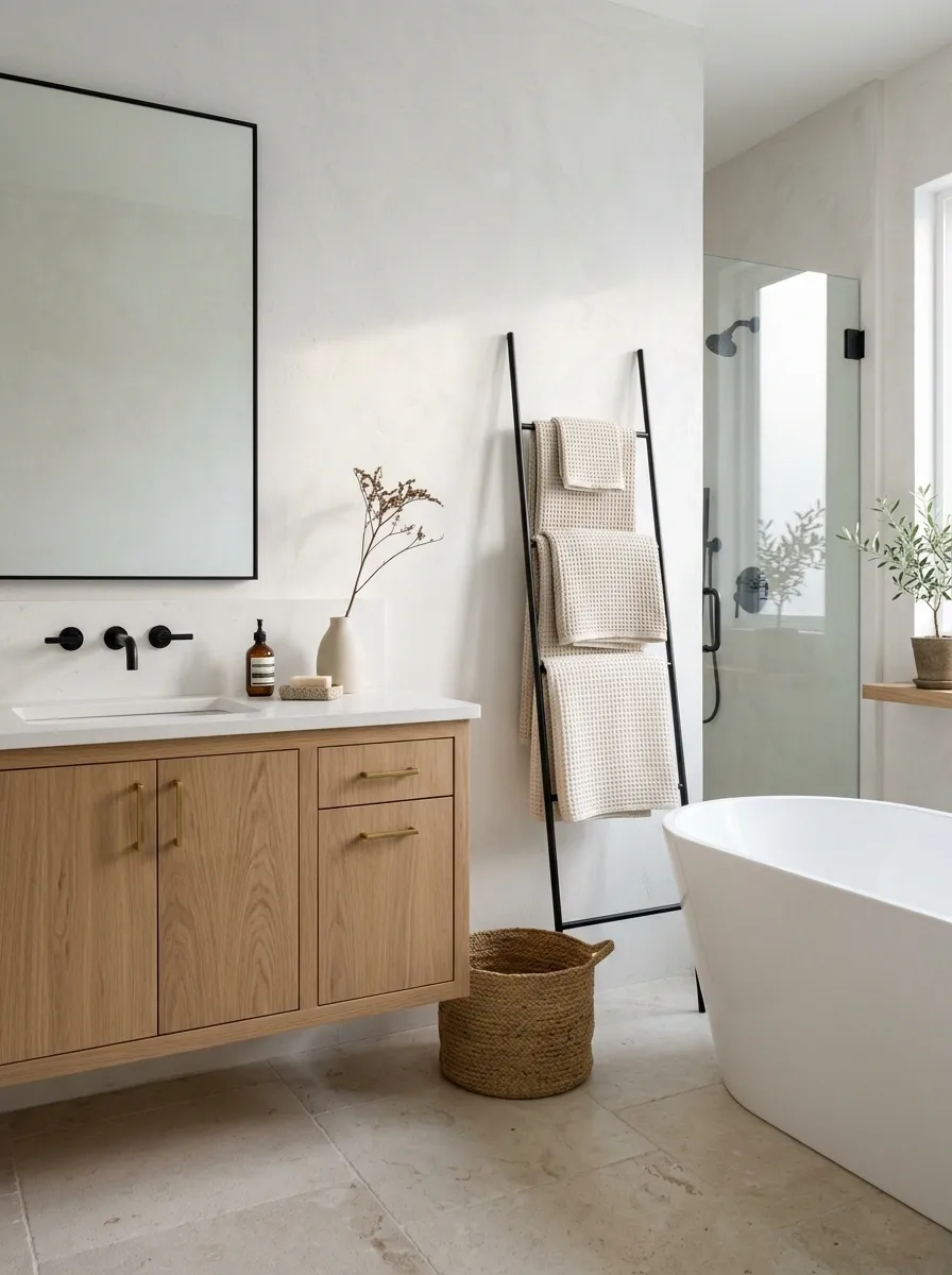 Slim Black Towel Ladder Beside a Freestanding Tub