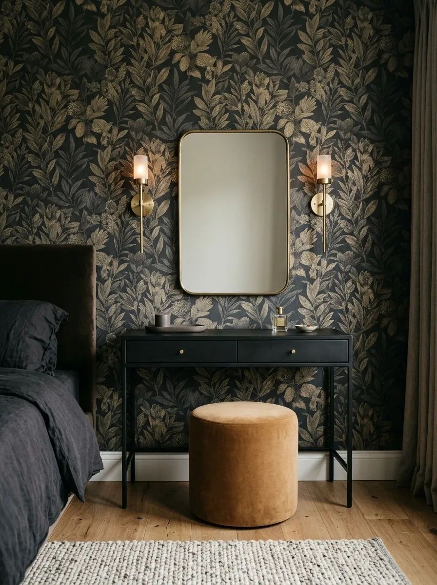 Slim Black Vanity in a Dramatic Wallpapered Bedroom