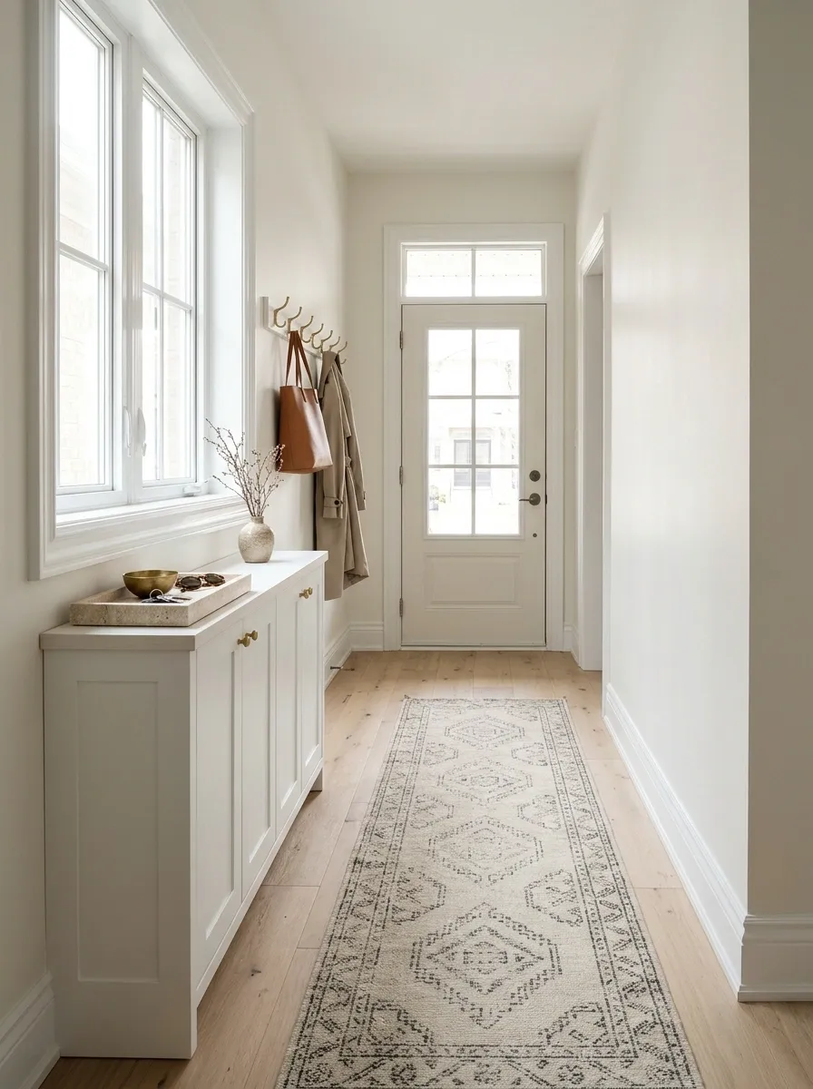 Slim Entryway Shoe Cabinet Beneath a Hallway Window