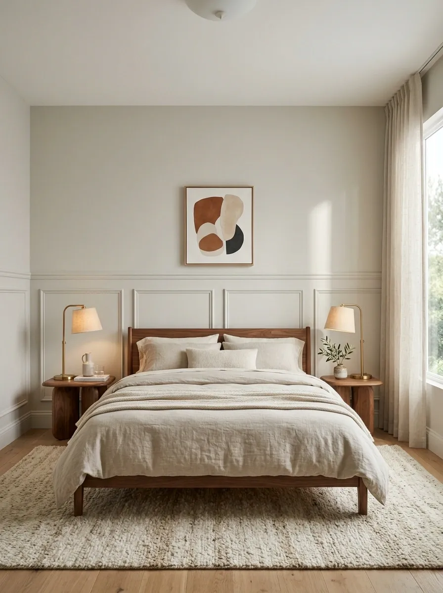 Slim White Box Molding in a Layered Bedroom